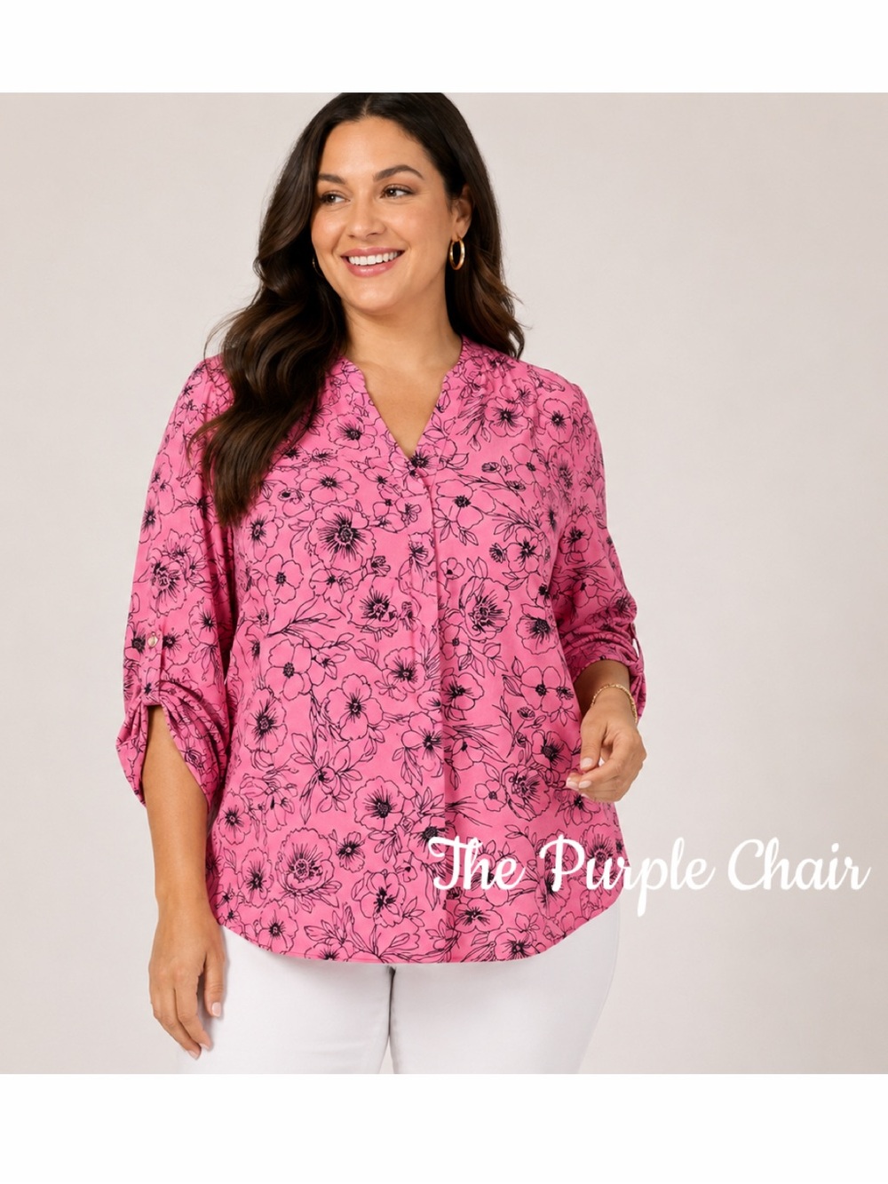 ANNE KLEIN NWT Pink/Black Floral Print V-Neck Popover Blouse XL